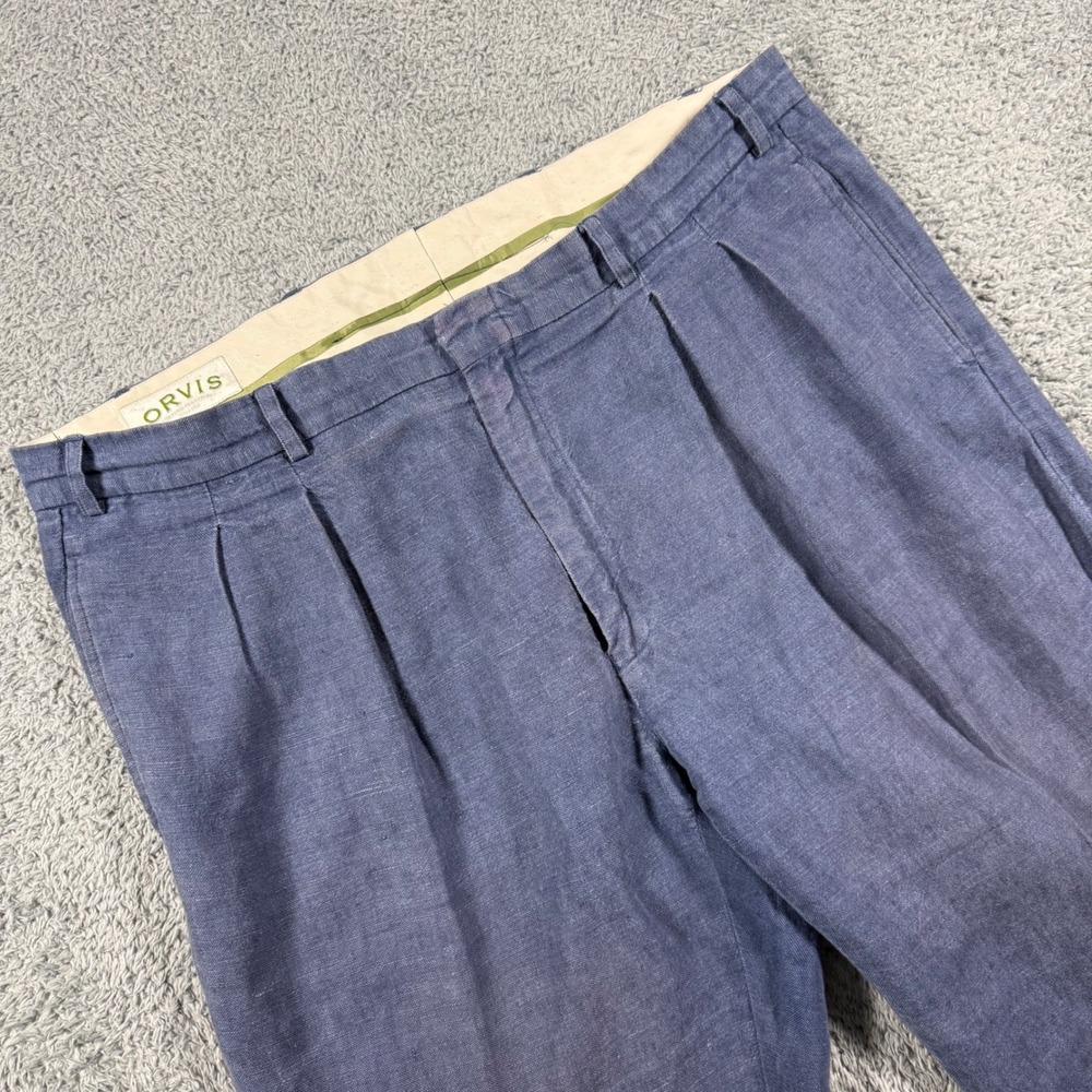 Vintage 90s Orvis Linen Trousers Mens 38x30 Blue Double Pleated Cuffed heavy